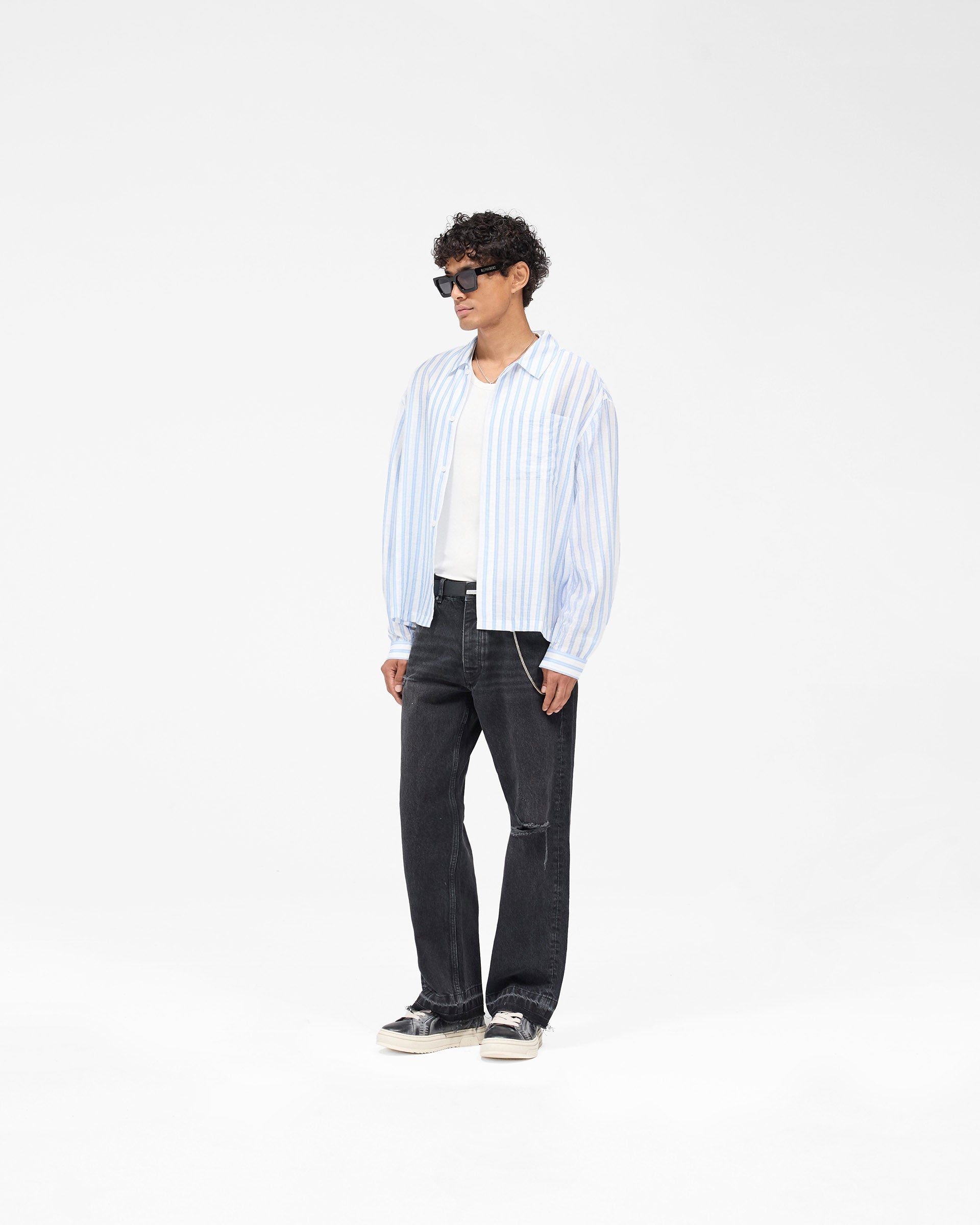 Long Sleeve Sheer Stripe Boxy Shirt - Ice Blue
