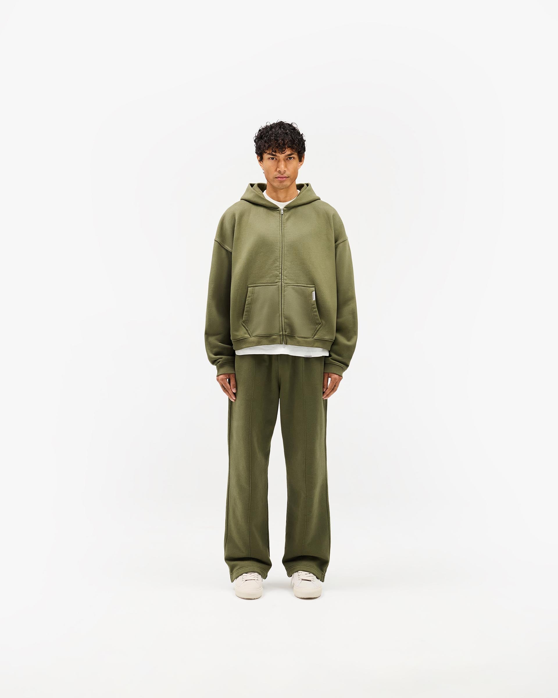 Initial Boxy Zip Through Hoodie - Army Green