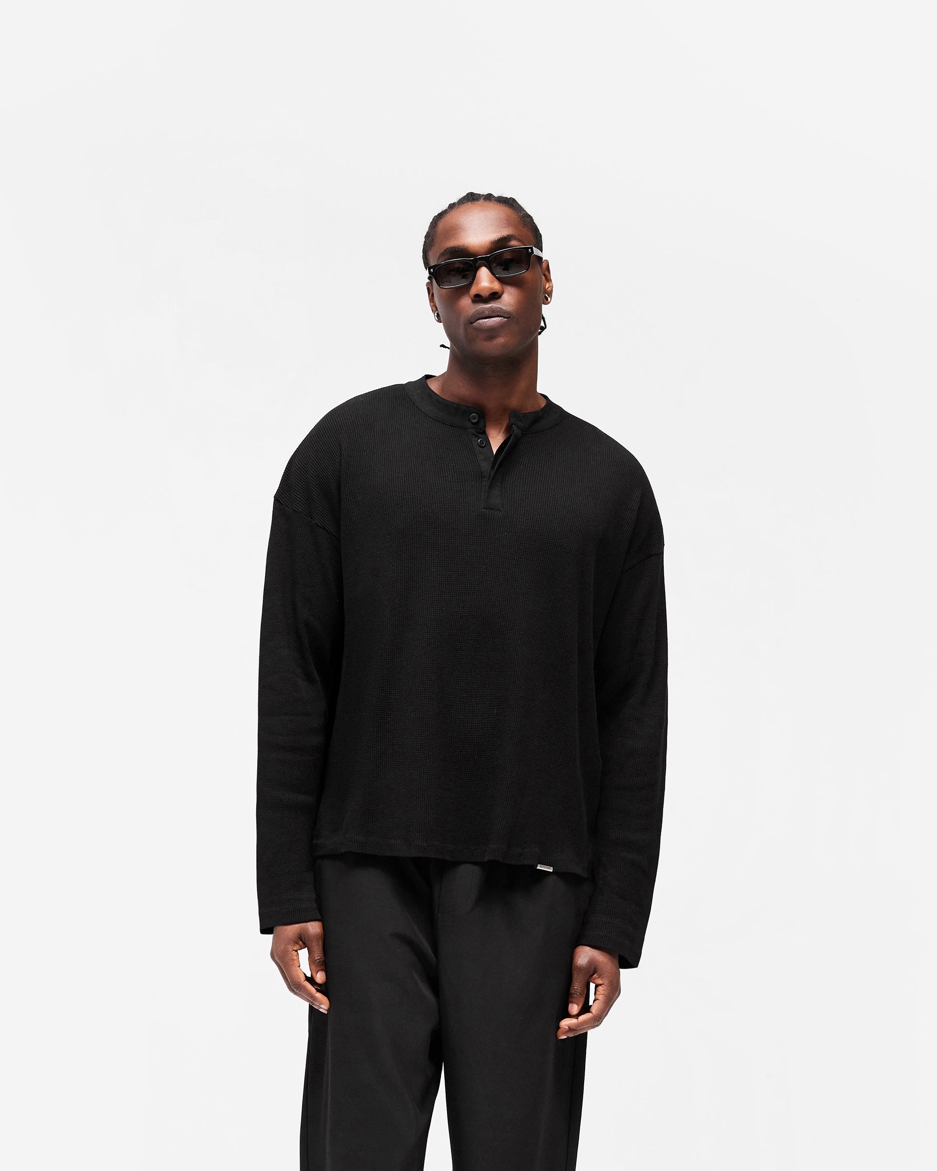 Initial Henley Waffle Long Sleeve T-Shirt - Jet Black