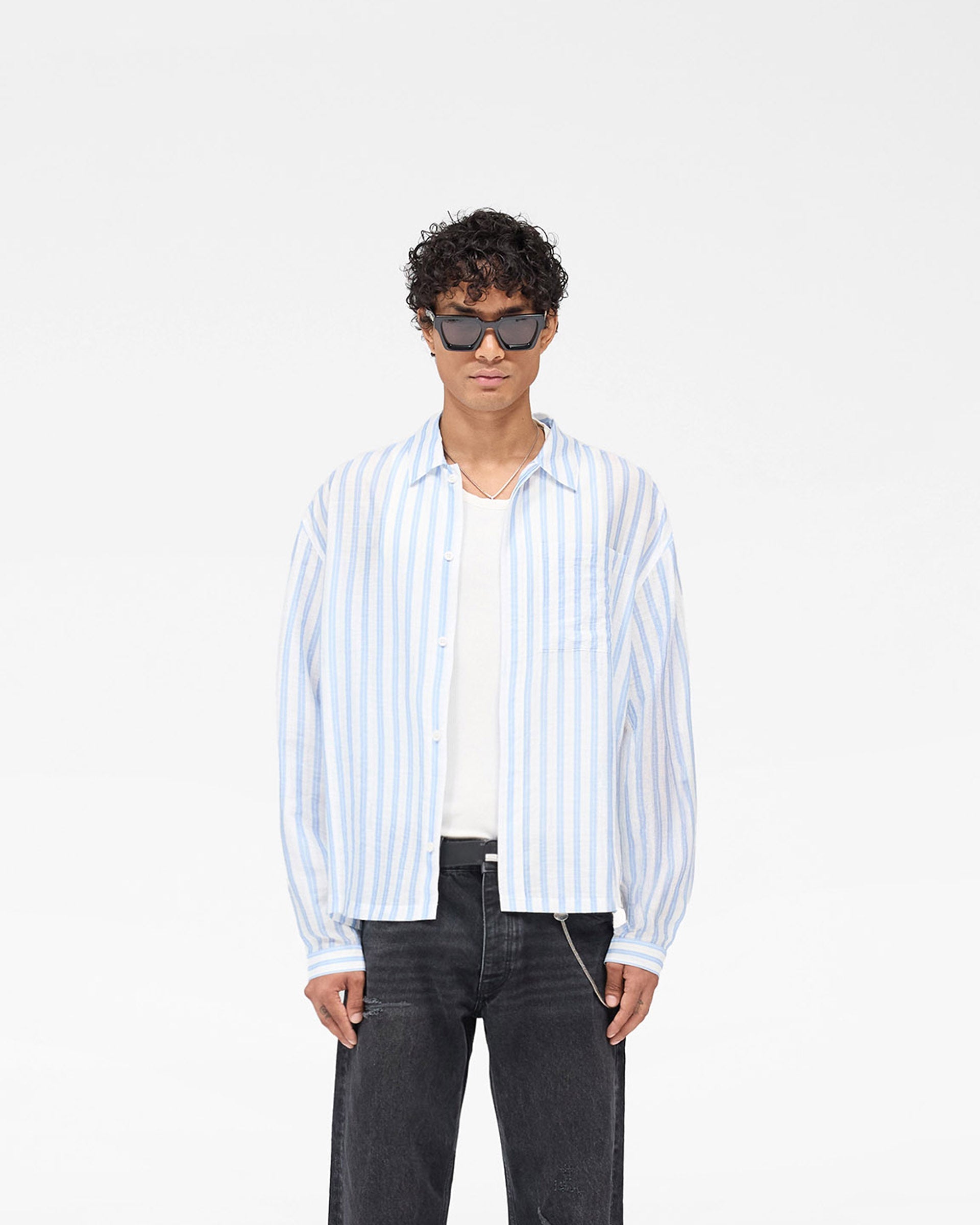 Long Sleeve Sheer Stripe Boxy Shirt - Ice Blue