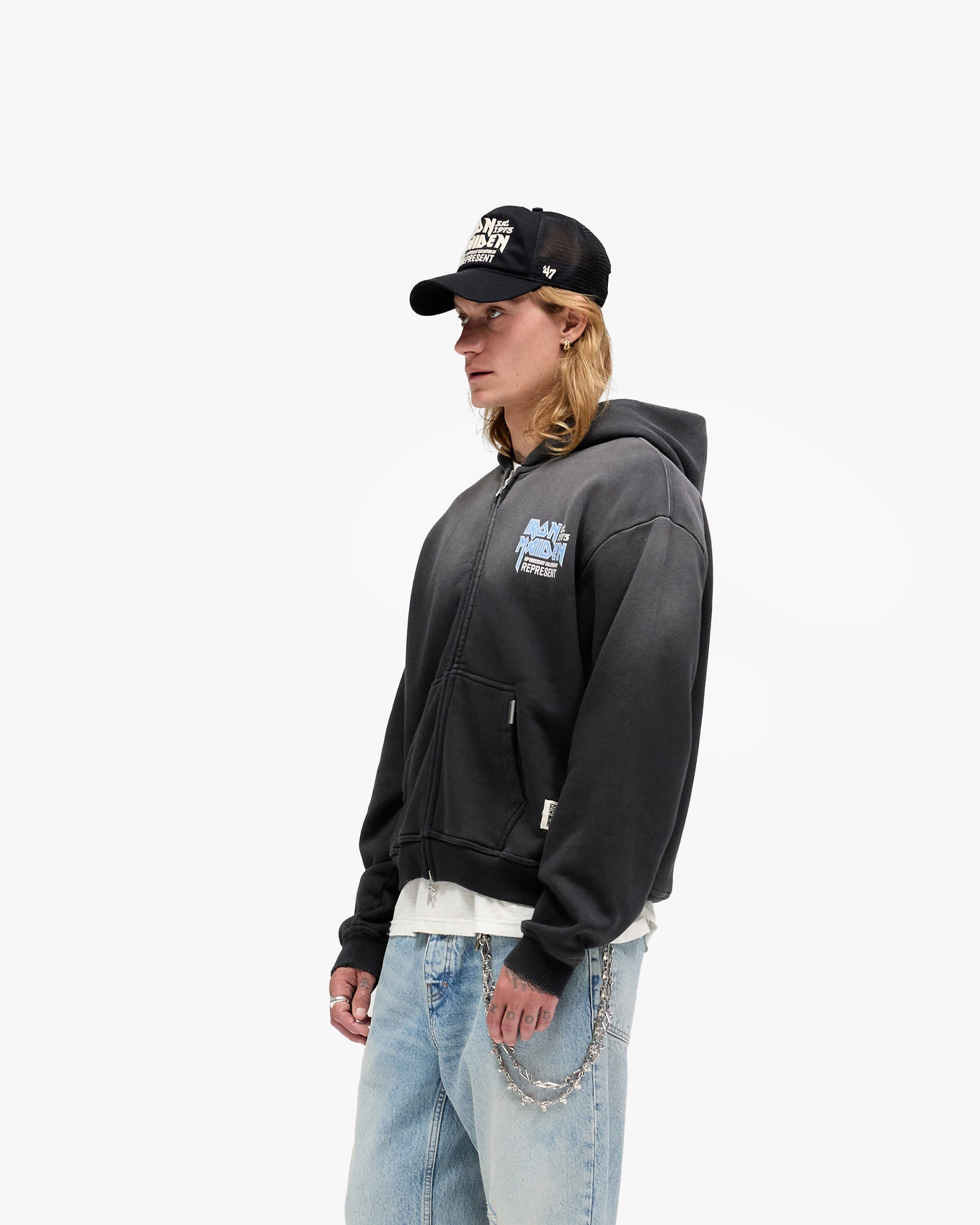 Represent X Iron Maiden Anniversary Zip Through Hoodie - Stained Black